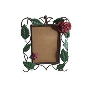 Vintage Metal Picture Frame With Roses & Green Leaves 7" x 5" Floral Design Tabl